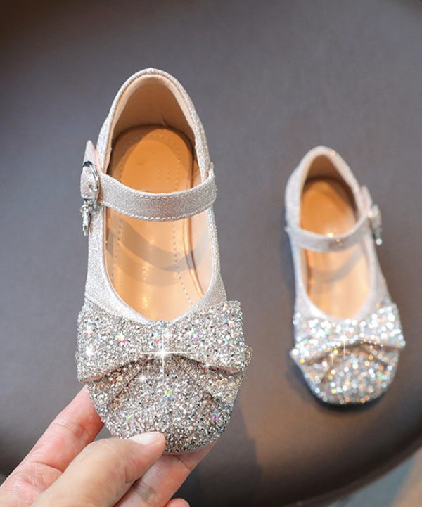 Soft Silvery Bow Zircon Faux Leather Buckle Strap Kids Crystal Flat Shoes - Image 4