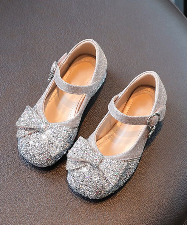 Soft Silvery Bow Zircon Faux Leather Buckle Strap Kids Crystal Flat Shoes - Image 5