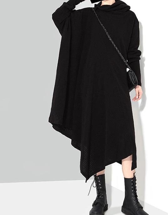Solid Black Woman Winter Asymmetric Knitted Sweater Dress