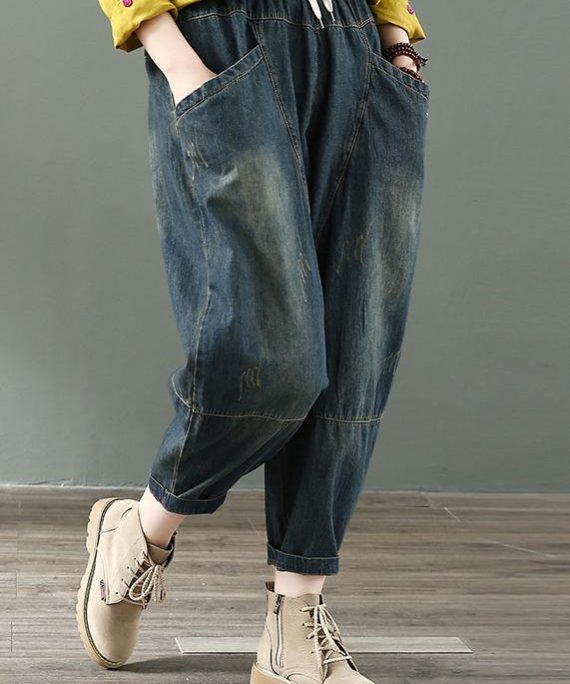 Spring nine points cross pants denim harem pants female elastic waist retro loose trousers