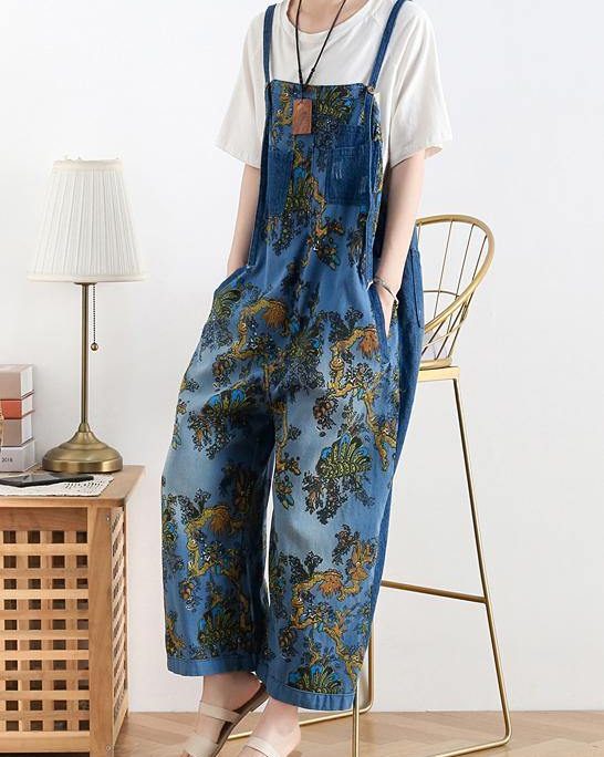 Spring original literary fashion retro ethnic style blue printed loose denim overalls