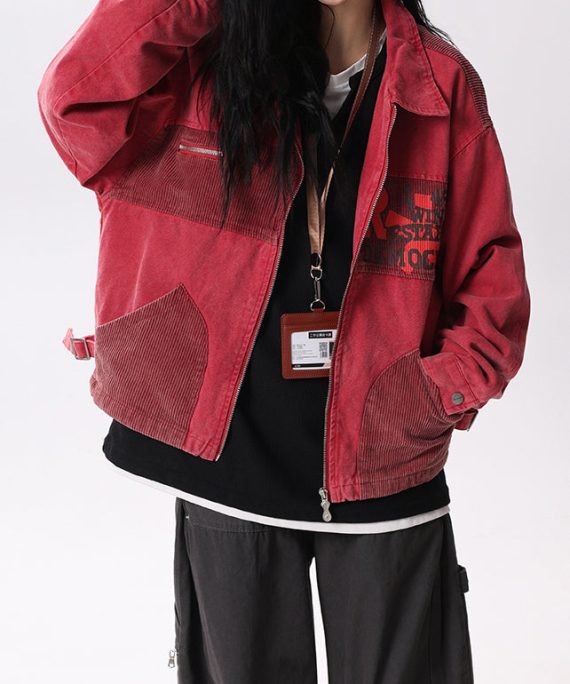 Streetwear Red Peter Pan Collar Pockets Patchwork Cotton Coats Spring