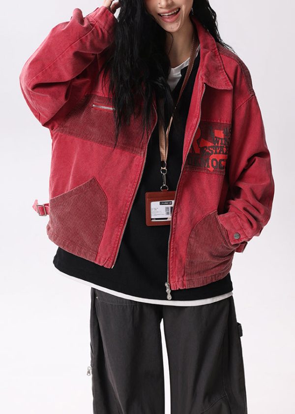 Streetwear Red Peter Pan Collar Pockets Patchwork Cotton Coats Spring