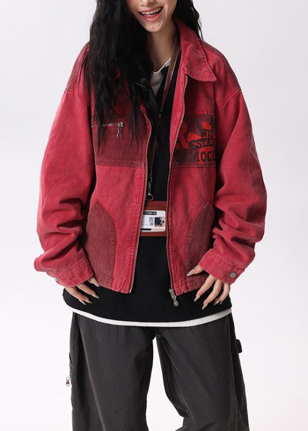 Streetwear Red Peter Pan Collar Pockets Patchwork Cotton Coats Spring - Image 2