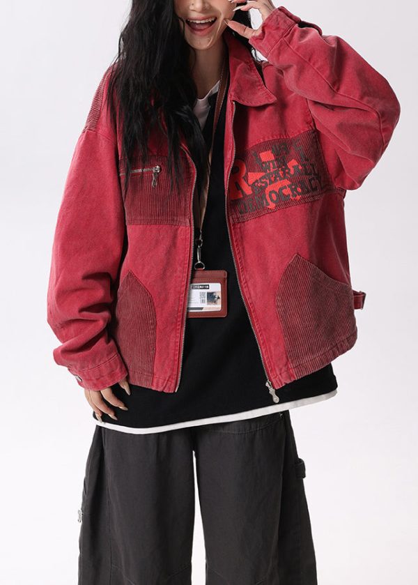 Streetwear Red Peter Pan Collar Pockets Patchwork Cotton Coats Spring - Image 3