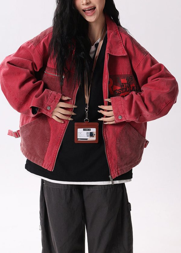 Streetwear Red Peter Pan Collar Pockets Patchwork Cotton Coats Spring - Image 4