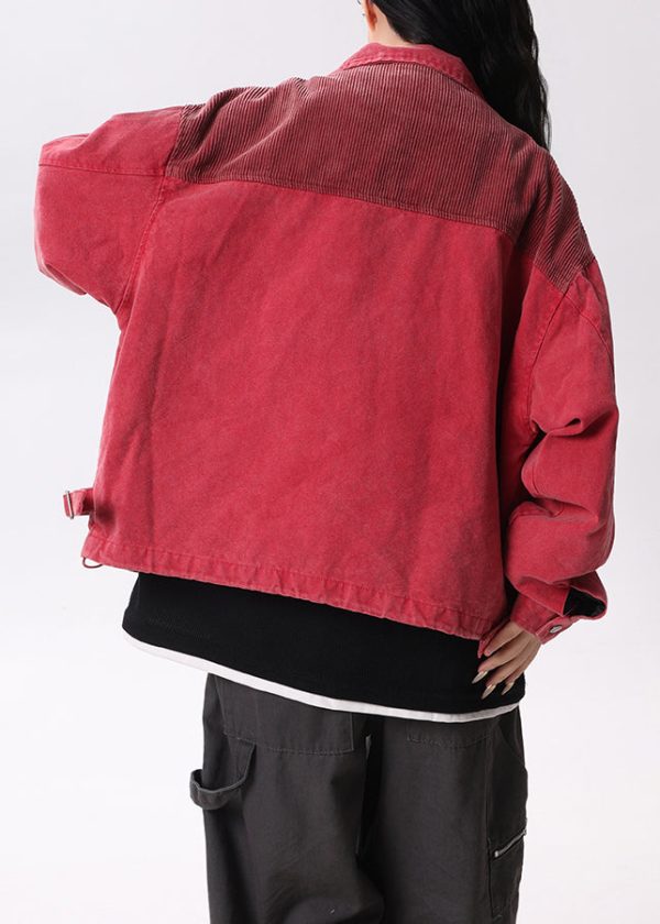 Streetwear Red Peter Pan Collar Pockets Patchwork Cotton Coats Spring - Image 5