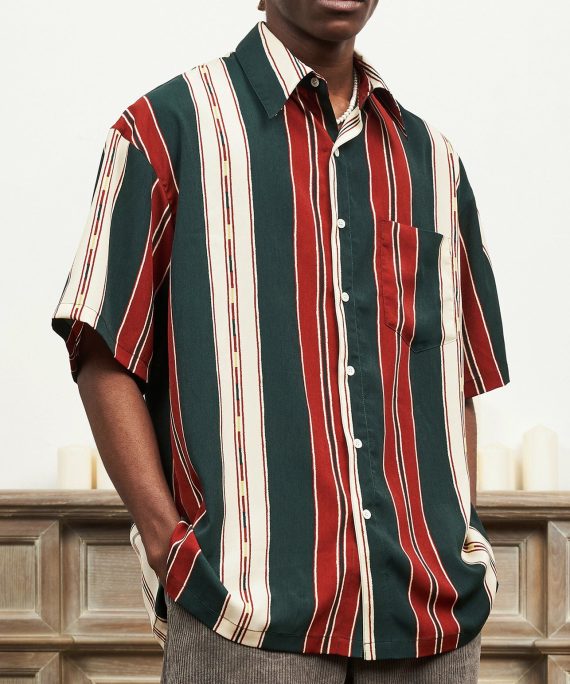 Striped Button Cotton Mens Shirts Peter Pan Collar Summer