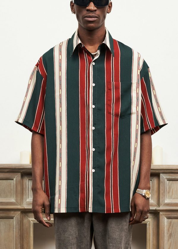 Striped Button Cotton Mens Shirts Peter Pan Collar Summer - Image 2