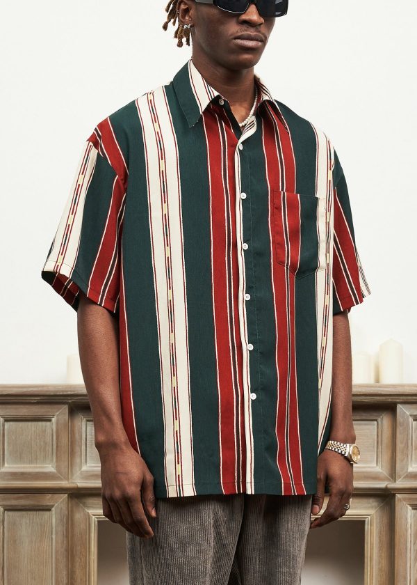 Striped Button Cotton Mens Shirts Peter Pan Collar Summer - Image 3