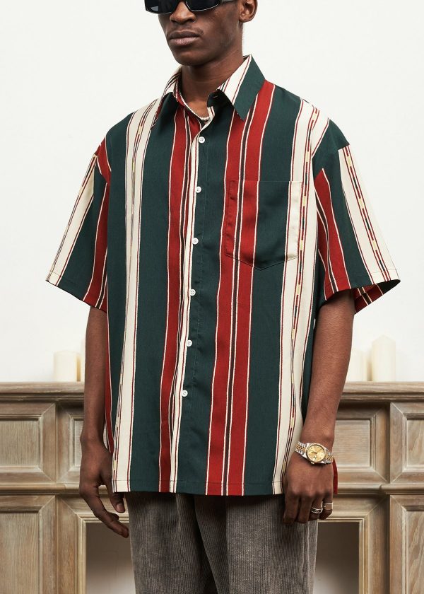 Striped Button Cotton Mens Shirts Peter Pan Collar Summer - Image 4