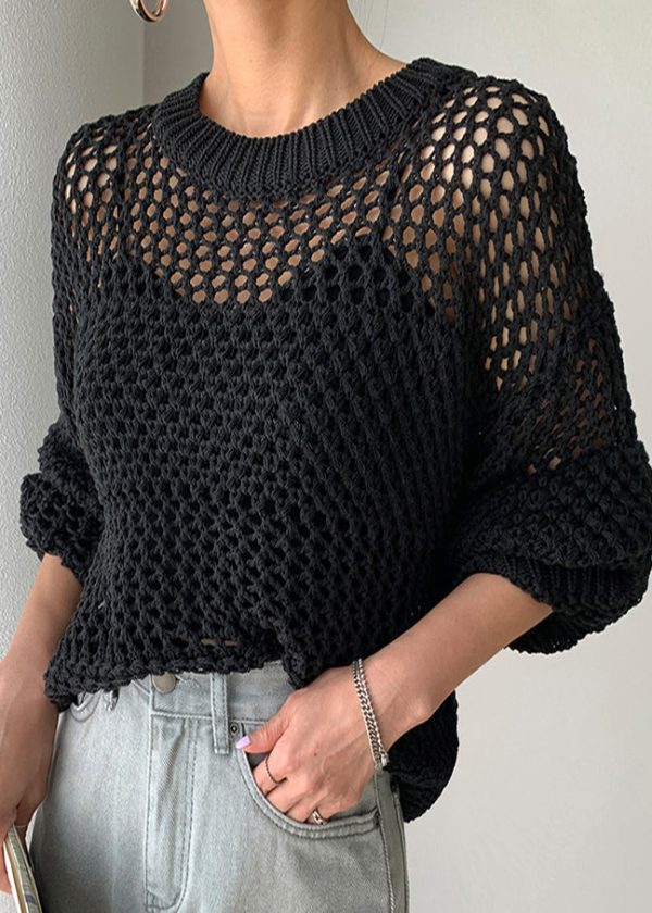 Style Black Oversized Hollow Out Knit Sweaters Spring - Image 3