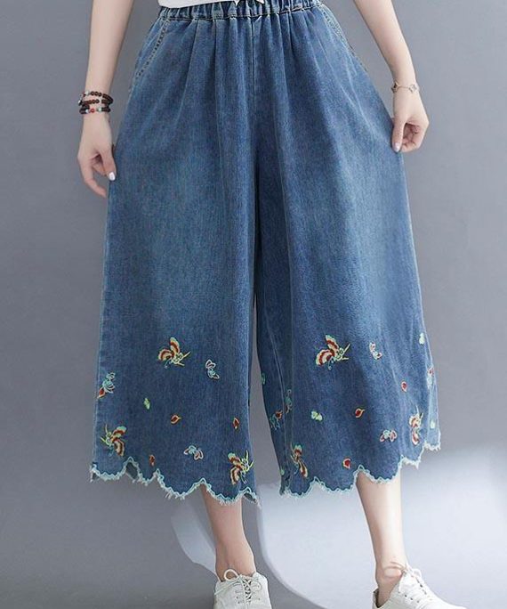 Style Blue Embroideried Crop Wide Leg Summer Pants