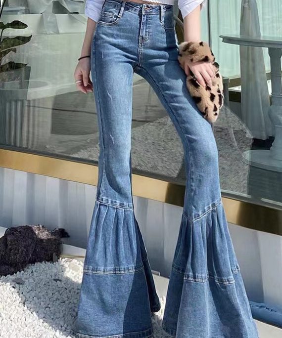 Style Blue High Waist Patchwork Denim Flared Trousers Spring