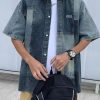 Style Blue Peter Pan Collar Patchwork Denim Men Shirts Summer