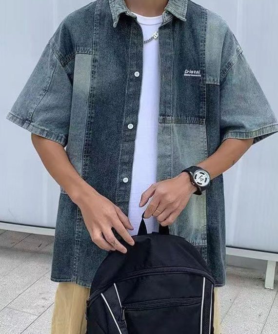 Style Blue Peter Pan Collar Patchwork Denim Men Shirts Summer