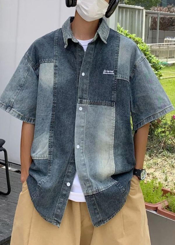 Style Blue Peter Pan Collar Patchwork Denim Men Shirts Summer - Image 2