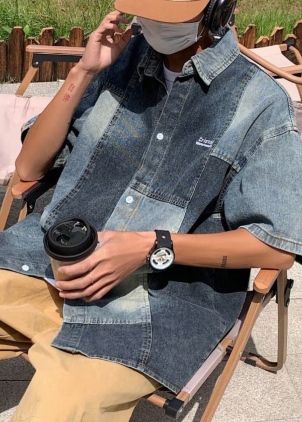 Style Blue Peter Pan Collar Patchwork Denim Men Shirts Summer - Image 3