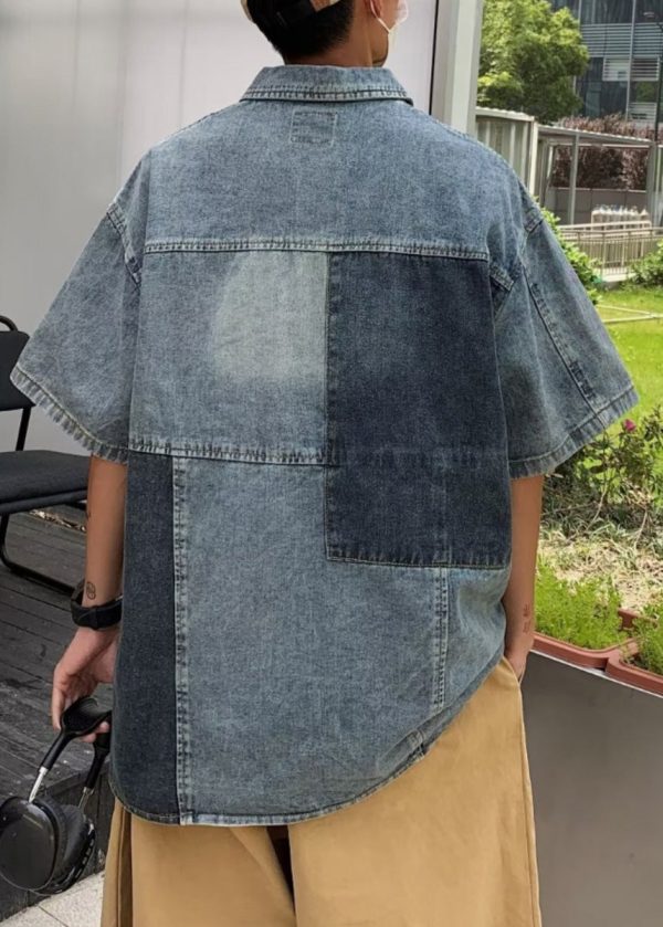 Style Blue Peter Pan Collar Patchwork Denim Men Shirts Summer - Image 4
