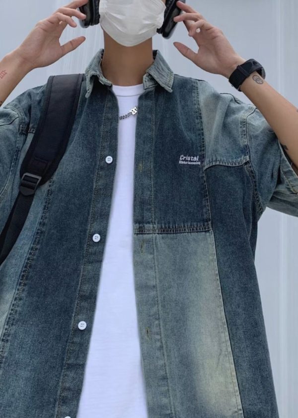 Style Blue Peter Pan Collar Patchwork Denim Men Shirts Summer - Image 5