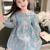 Style Blue Peter Pan Collar Patchwork Kids Maxi Dress Fall