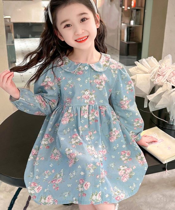Style Blue Peter Pan Collar Patchwork Kids Maxi Dress Fall