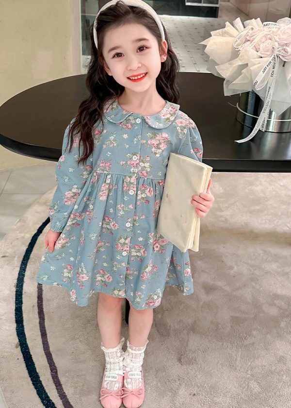 Style Blue Peter Pan Collar Patchwork Kids Maxi Dress Fall - Image 2
