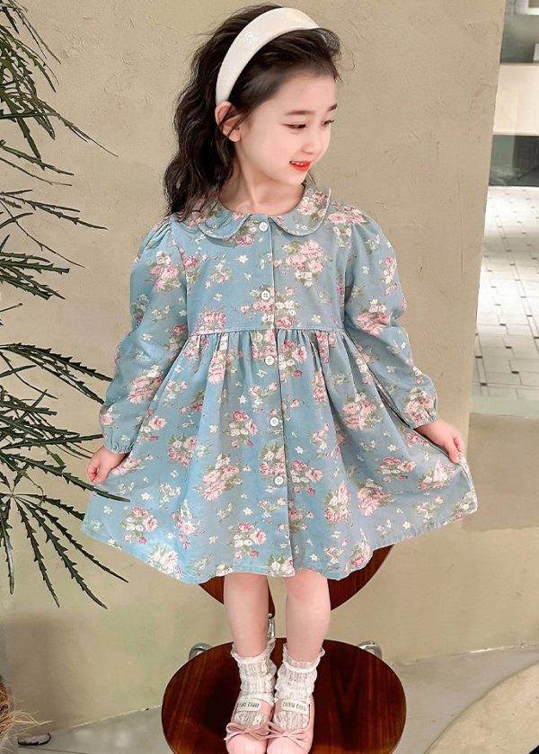 Style Blue Peter Pan Collar Patchwork Kids Maxi Dress Fall - Image 3
