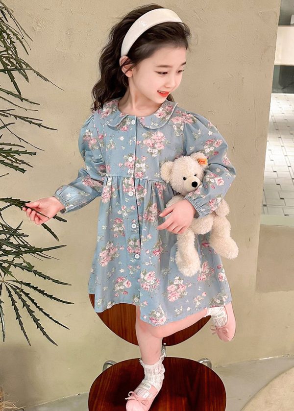 Style Blue Peter Pan Collar Patchwork Kids Maxi Dress Fall - Image 4