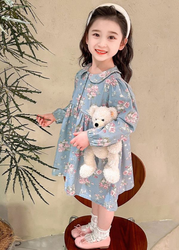 Style Blue Peter Pan Collar Patchwork Kids Maxi Dress Fall - Image 5