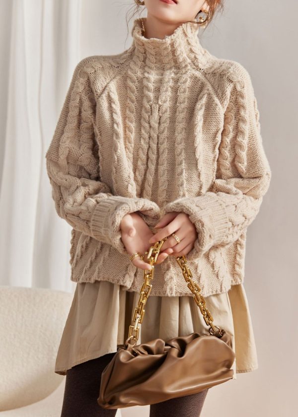 Style Caramel Hign Neck False Two Pieces Knit Sweaters Winter - Image 2