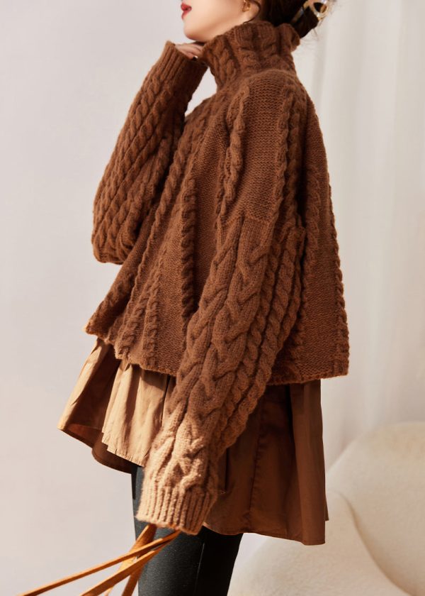 Style Caramel Hign Neck False Two Pieces Knit Sweaters Winter - Image 3