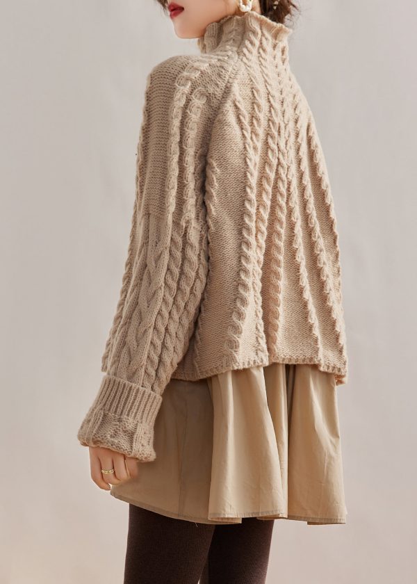 Style Caramel Hign Neck False Two Pieces Knit Sweaters Winter - Image 4