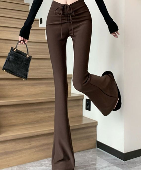 Style Coffee High Waist Patchwork Flared Trousers Summer