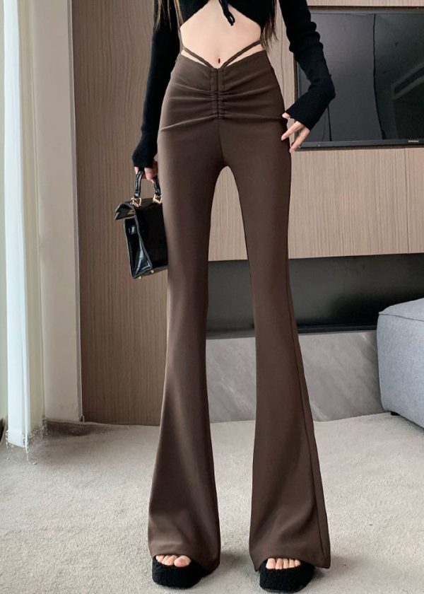 Style Coffee High Waist Patchwork Flared Trousers Summer - Image 3