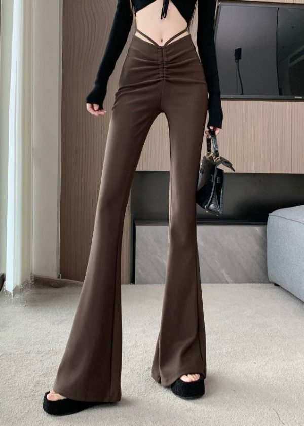 Style Coffee High Waist Patchwork Flared Trousers Summer - Image 5