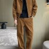 Style Coffee Zip Up Pockets Corduroy Mens Two Pieces Set Fall