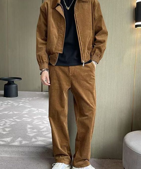 Style Coffee Zip Up Pockets Corduroy Mens Two Pieces Set Fall
