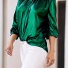 Style Green Turtleneck Patchwork Silk Velour Top Spring