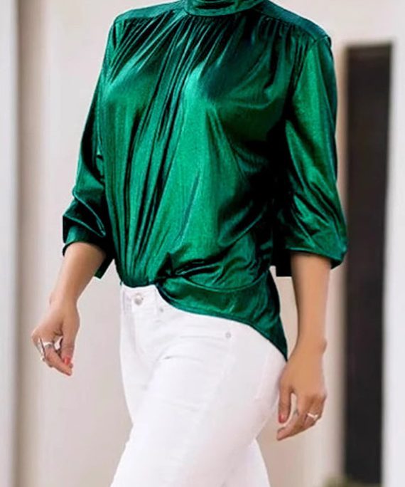 Style Green Turtleneck Patchwork Silk Velour Top Spring