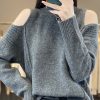 Style Grey O-Neck Cold Shoulder Woolen Knit Sweaters Spring