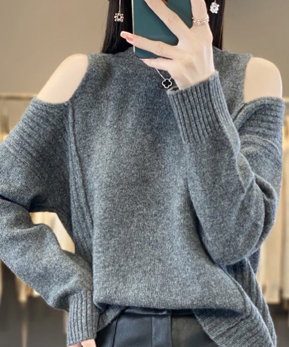 Style Grey O-Neck Cold Shoulder Woolen Knit Sweaters Spring