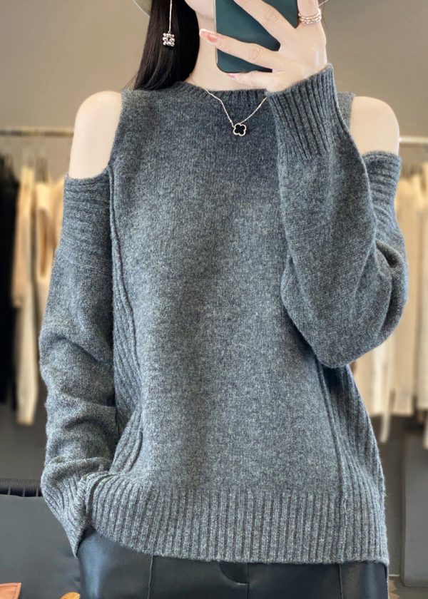 Style Grey O-Neck Cold Shoulder Woolen Knit Sweaters Spring - Image 4