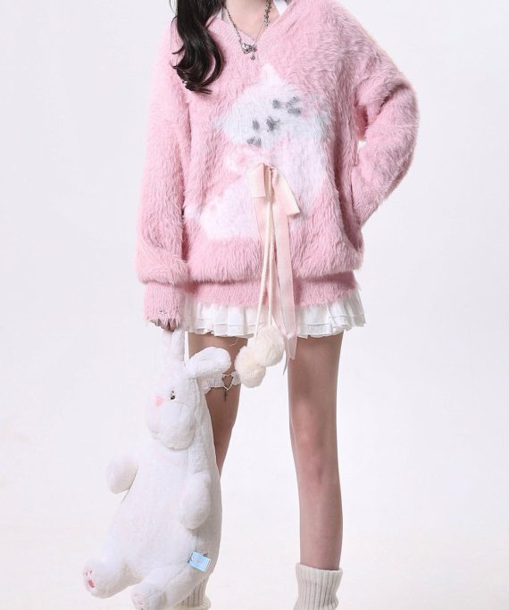 Style Pink V Neck Bow Ma Hai Mao Knit Sweaters Spring