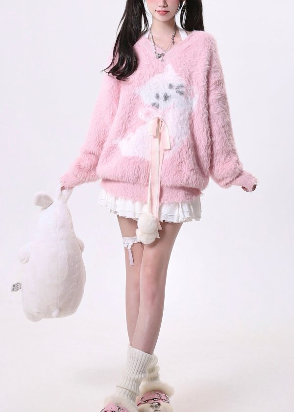 Style Pink V Neck Bow Ma Hai Mao Knit Sweaters Spring - Image 2