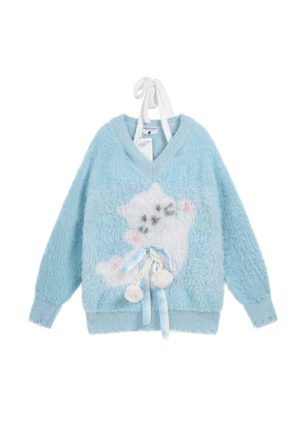 Style Pink V Neck Bow Ma Hai Mao Knit Sweaters Spring - Image 4