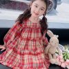Style Red O-Neck Plaid Patchwork Girls Maxi Dress Long Sleeve