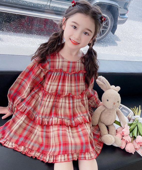Style Red O-Neck Plaid Patchwork Girls Maxi Dress Long Sleeve