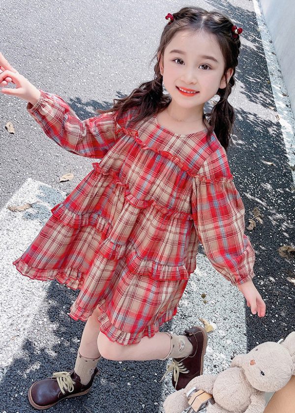 Style Red O-Neck Plaid Patchwork Girls Maxi Dress Long Sleeve - Image 2