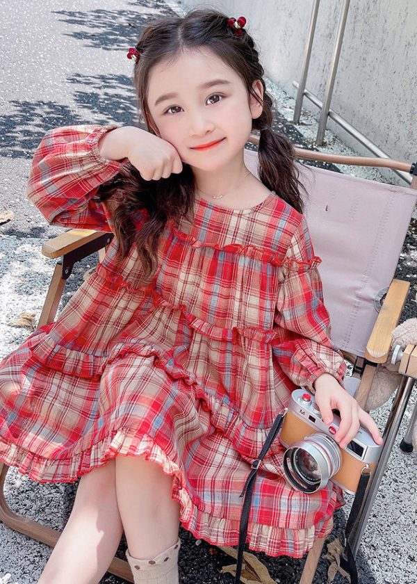 Style Red O-Neck Plaid Patchwork Girls Maxi Dress Long Sleeve - Image 3